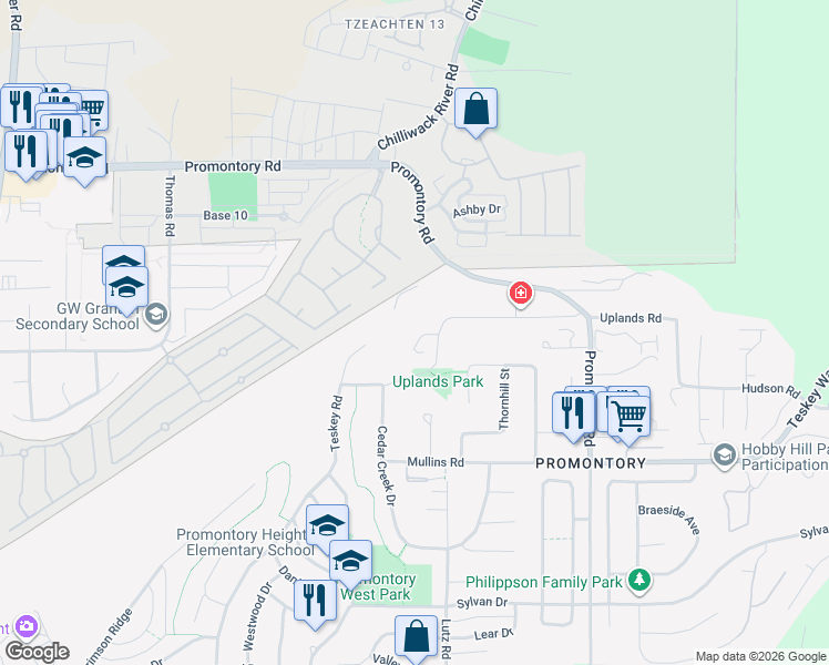 map of restaurants, bars, coffee shops, grocery stores, and more near 46368 Uplands Road in Chilliwack
