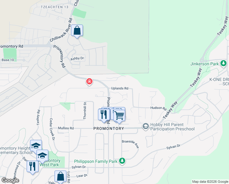 map of restaurants, bars, coffee shops, grocery stores, and more near 5756 Promontory Road in Chilliwack