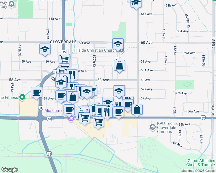 map of restaurants, bars, coffee shops, grocery stores, and more near 17841 57A Avenue in Surrey