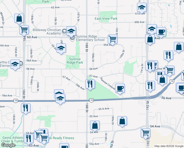 map of restaurants, bars, coffee shops, grocery stores, and more near 18827 57 Avenue in Surrey