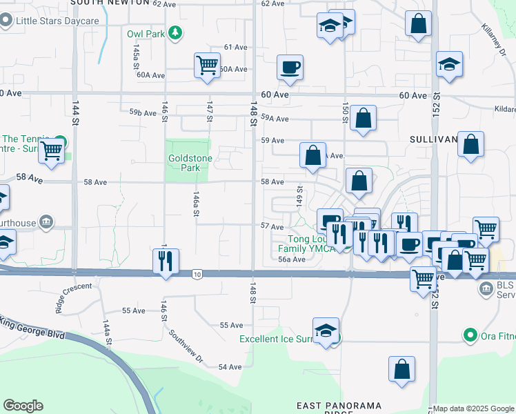 map of restaurants, bars, coffee shops, grocery stores, and more near 5742 148 Street in Surrey