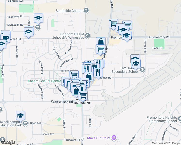 map of restaurants, bars, coffee shops, grocery stores, and more near 5725 Vedder Road in Chilliwack