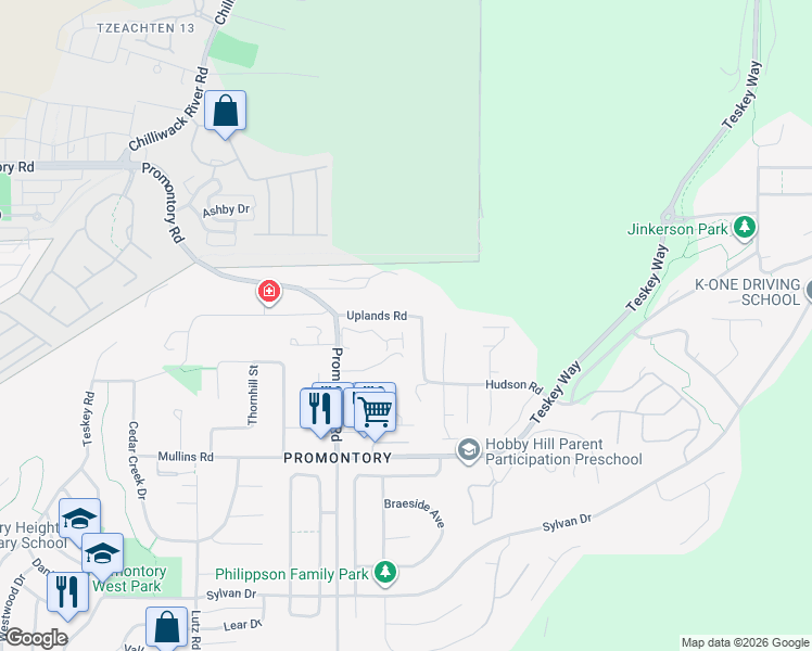 map of restaurants, bars, coffee shops, grocery stores, and more near 46716 Uplands Road in Chilliwack