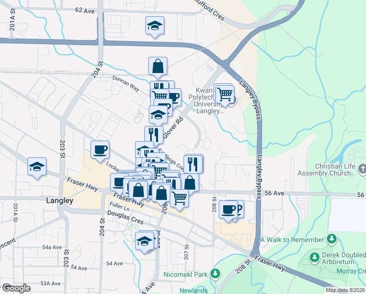 map of restaurants, bars, coffee shops, grocery stores, and more near 20760 Duncan Way in Langley