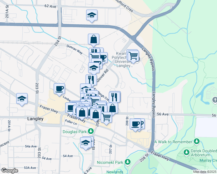 map of restaurants, bars, coffee shops, grocery stores, and more near 20760 Duncan Way in Langley