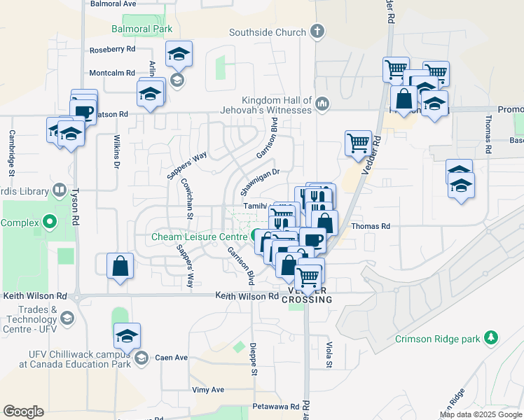 map of restaurants, bars, coffee shops, grocery stores, and more near 45526 Tamihi Way in Chilliwack