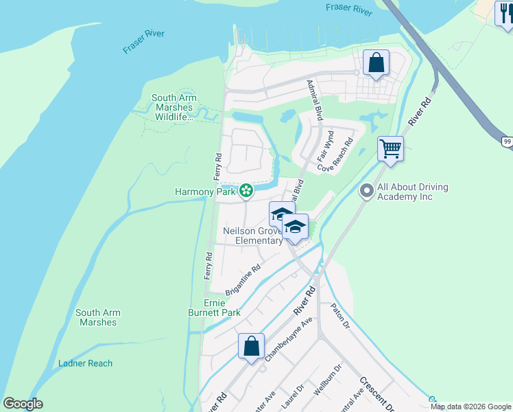map of restaurants, bars, coffee shops, grocery stores, and more near 5688 Clipper Road in Delta