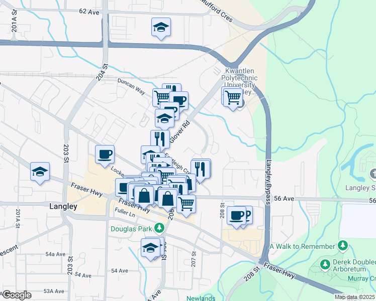 map of restaurants, bars, coffee shops, grocery stores, and more near 20760 Duncan Way in Langley City