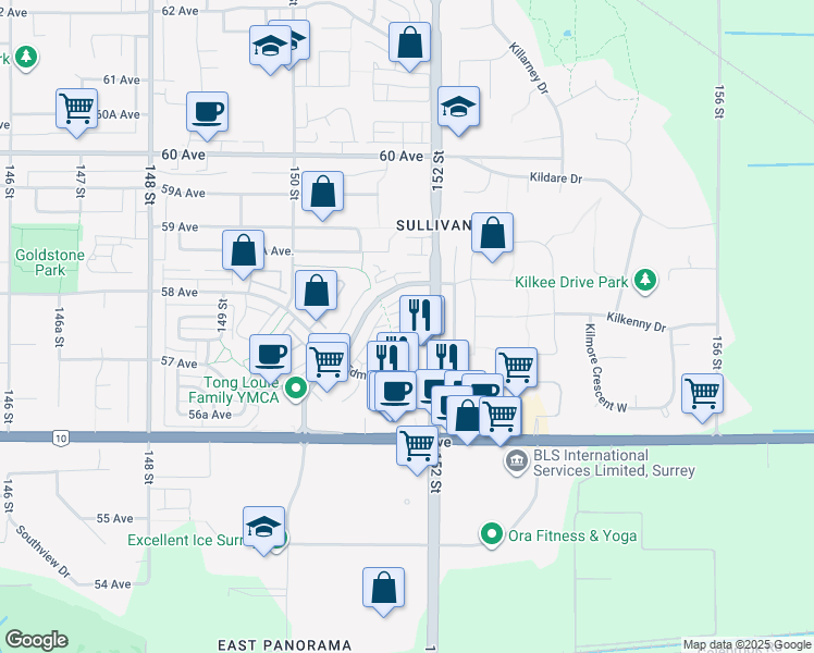 map of restaurants, bars, coffee shops, grocery stores, and more near 15151 Edmund Drive in Surrey