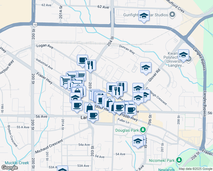 map of restaurants, bars, coffee shops, grocery stores, and more near 20360 Logan Avenue in Langley