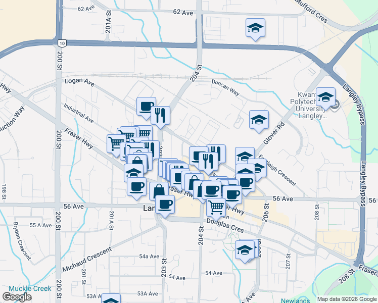 map of restaurants, bars, coffee shops, grocery stores, and more near 20360 Logan Avenue in Langley