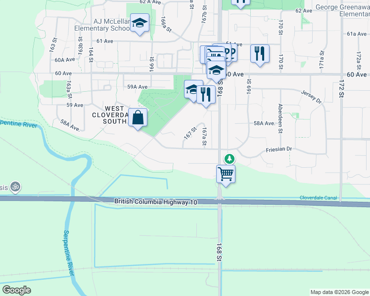 map of restaurants, bars, coffee shops, grocery stores, and more near 3038 167 Street in Surrey