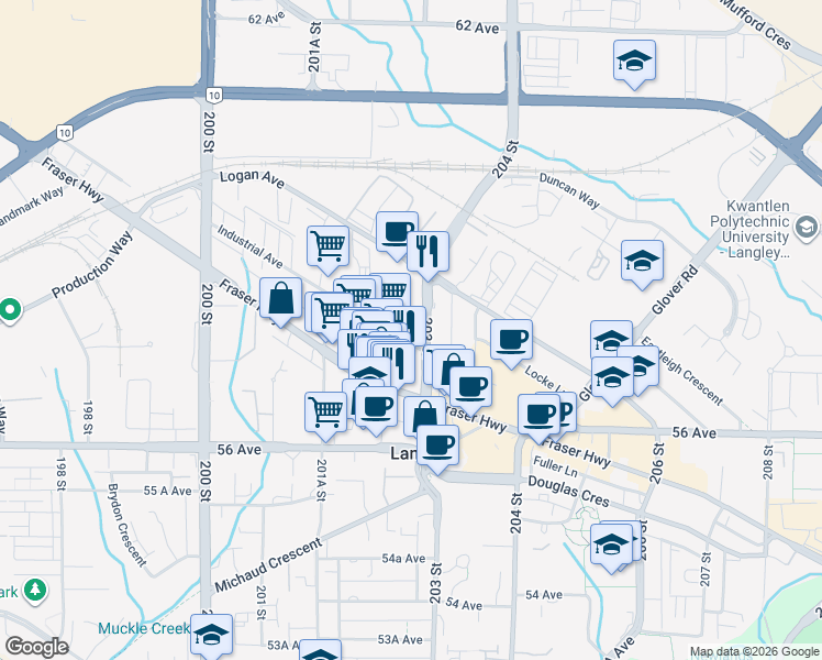 map of restaurants, bars, coffee shops, grocery stores, and more near 20299 Industrial Avenue in Langley
