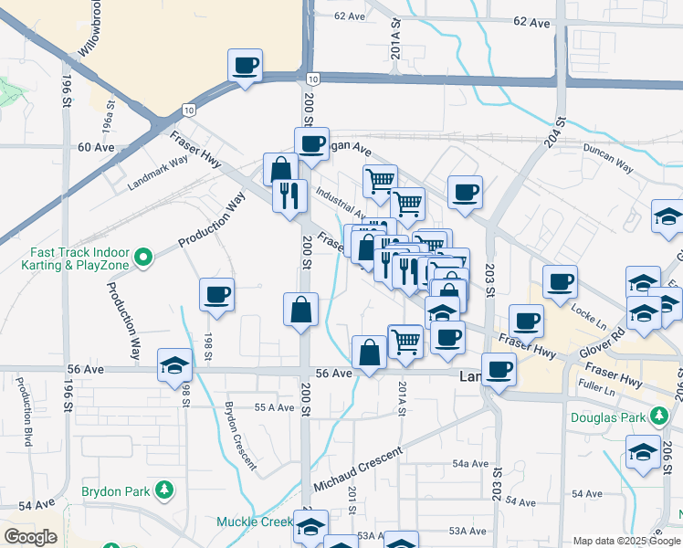 map of restaurants, bars, coffee shops, grocery stores, and more near 20058 Fraser Highway in Langley