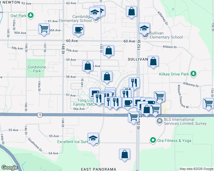 map of restaurants, bars, coffee shops, grocery stores, and more near 15037 58 Avenue in Surrey