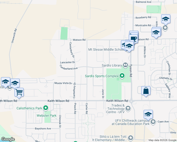 map of restaurants, bars, coffee shops, grocery stores, and more near 5798 Carter Road in Chilliwack