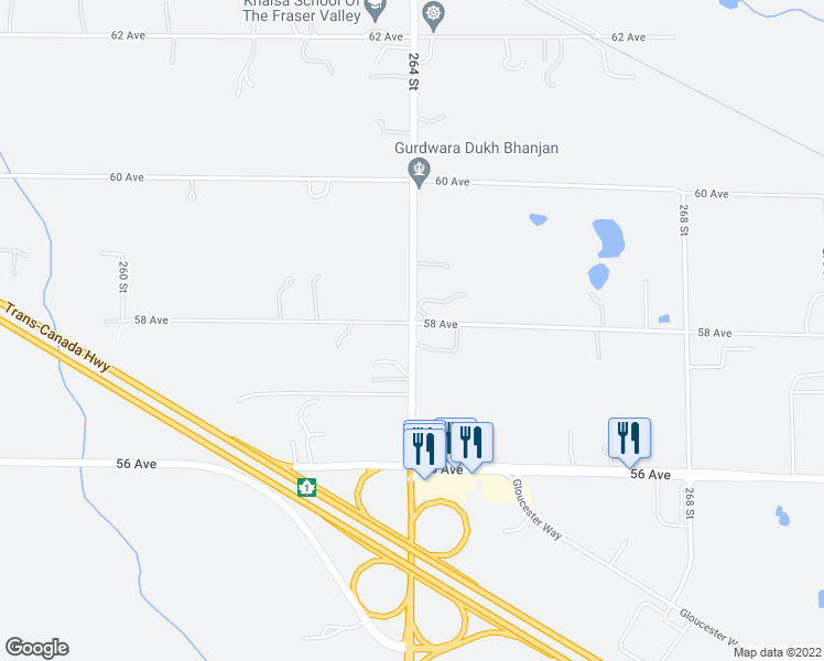 map of restaurants, bars, coffee shops, grocery stores, and more near 5737 264 Street in Langley