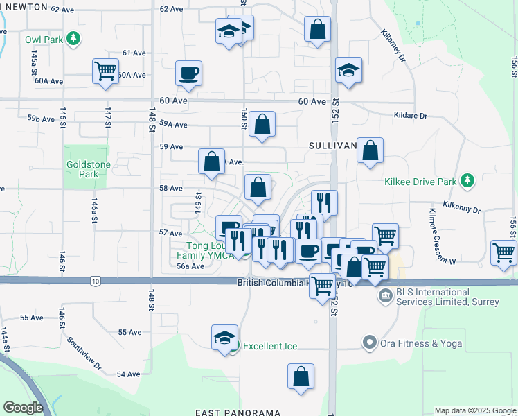 map of restaurants, bars, coffee shops, grocery stores, and more near 15037 58 Avenue in Surrey