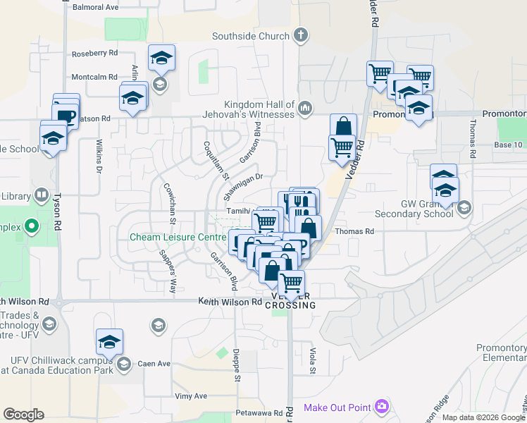 map of restaurants, bars, coffee shops, grocery stores, and more near 45595 Tamihi Way in Chilliwack