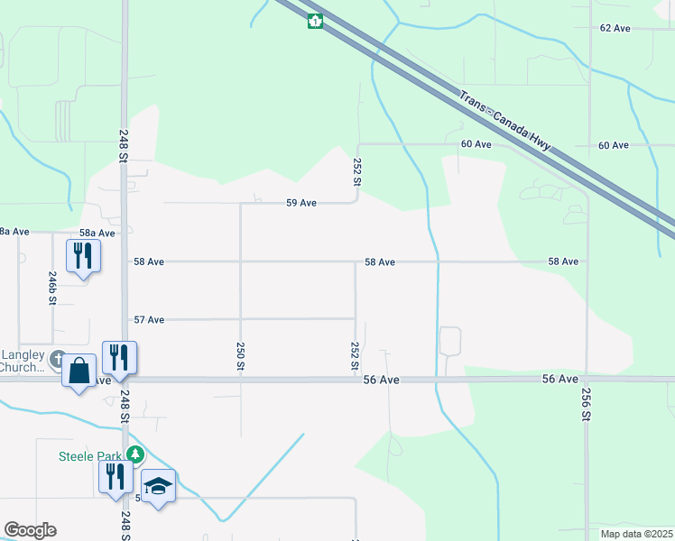 map of restaurants, bars, coffee shops, grocery stores, and more near 25160 58 Avenue in Langley Township
