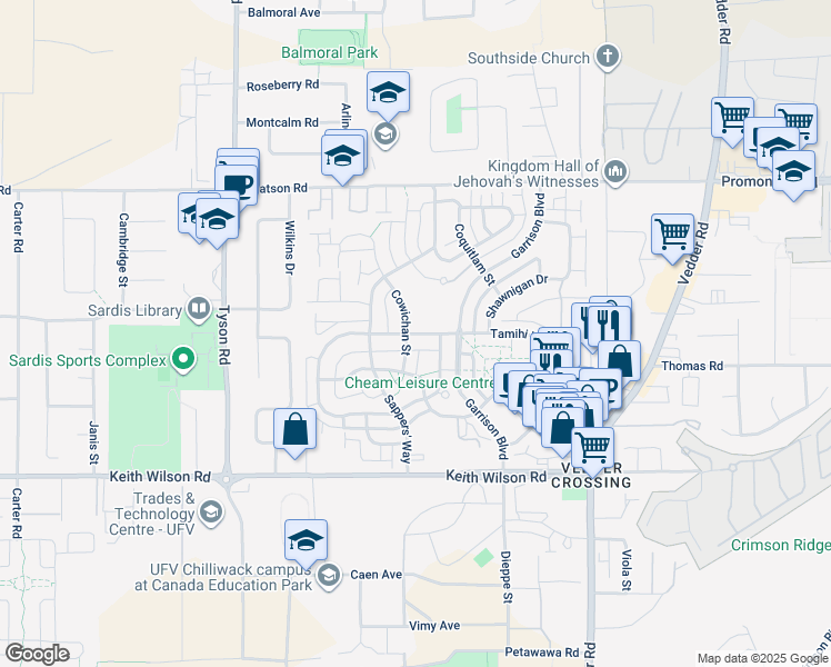map of restaurants, bars, coffee shops, grocery stores, and more near 45347 Tamihi Way in Chilliwack
