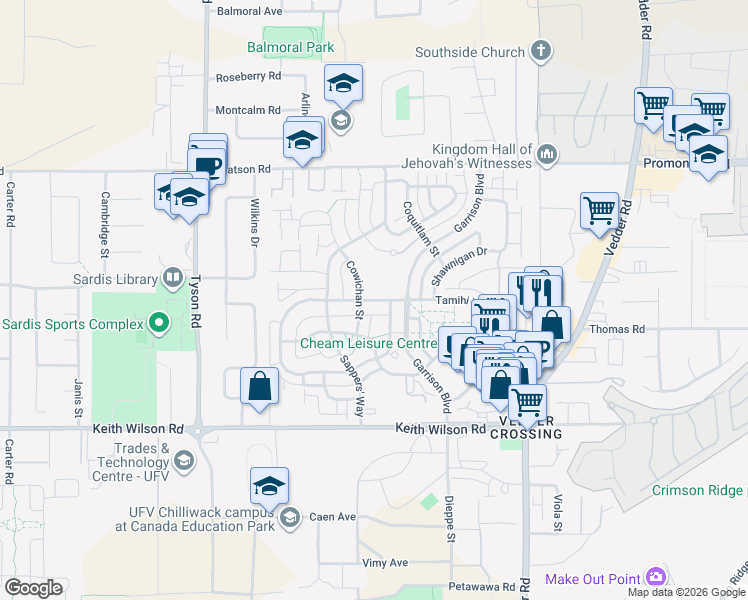 map of restaurants, bars, coffee shops, grocery stores, and more near 45347 Tamihi Way in Chilliwack