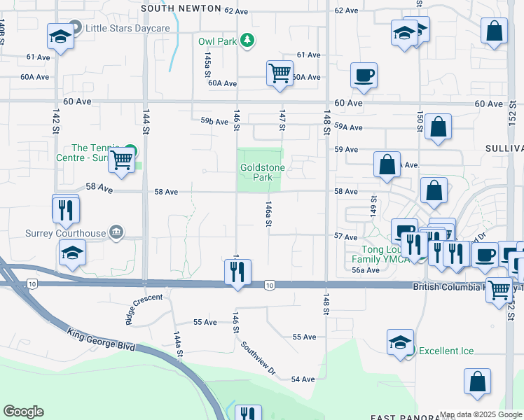 map of restaurants, bars, coffee shops, grocery stores, and more near 5763 146A Street in Surrey