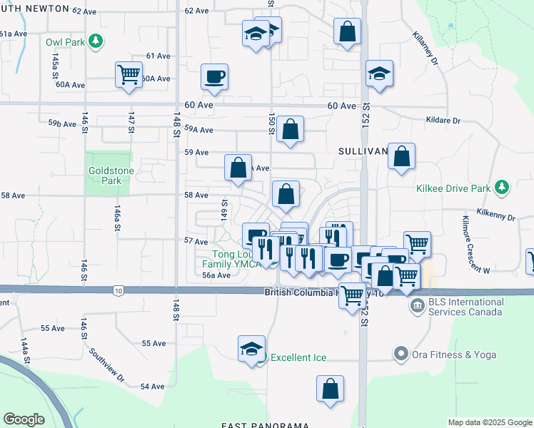 map of restaurants, bars, coffee shops, grocery stores, and more near 15030 58 Avenue in Surrey