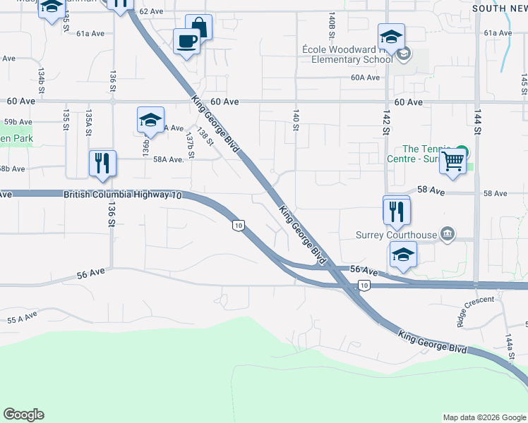 map of restaurants, bars, coffee shops, grocery stores, and more near 13918 58 Avenue in Surrey