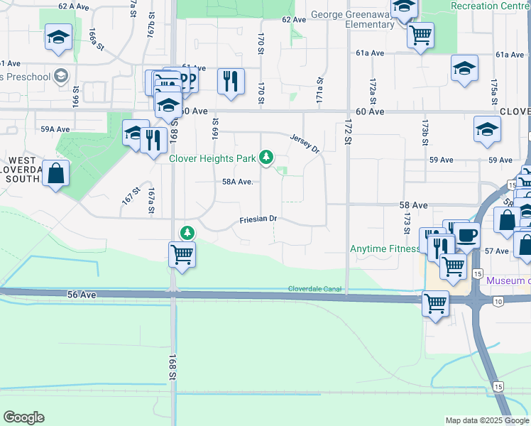 map of restaurants, bars, coffee shops, grocery stores, and more near 5786 Aberdeen Street in Surrey