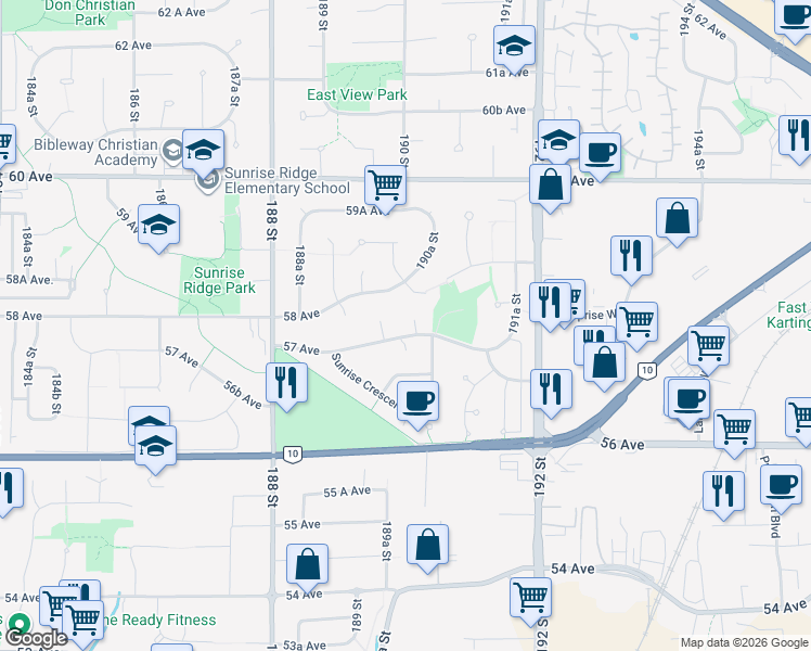 map of restaurants, bars, coffee shops, grocery stores, and more near 5737 190 Street in Surrey