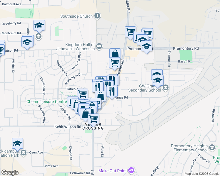 map of restaurants, bars, coffee shops, grocery stores, and more near 5725 Vedder Road in Chilliwack