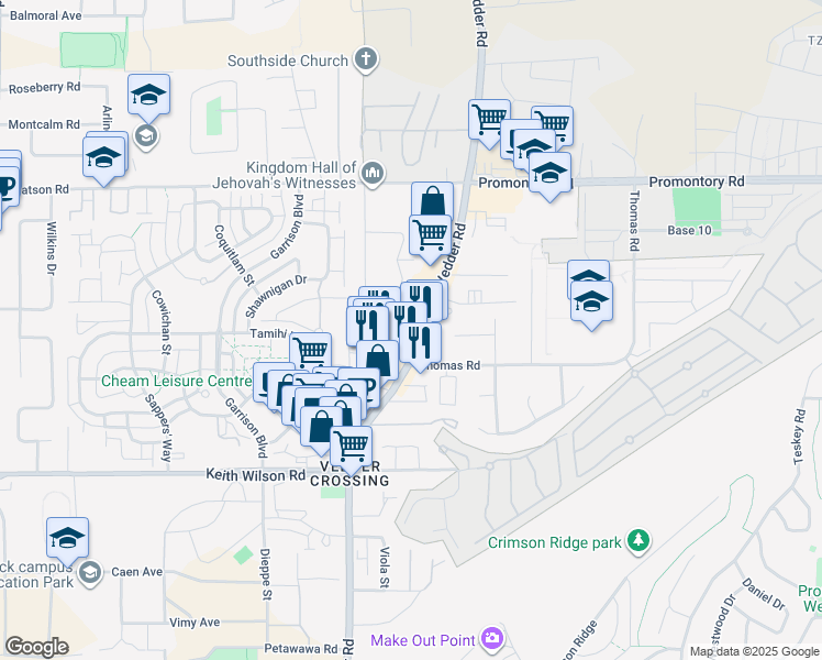 map of restaurants, bars, coffee shops, grocery stores, and more near 5765 Vedder Road in Chilliwack