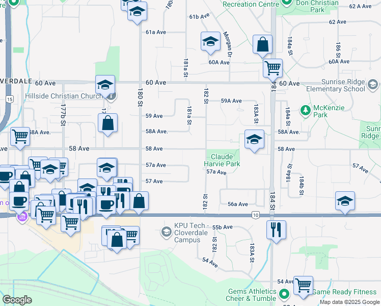 map of restaurants, bars, coffee shops, grocery stores, and more near 18152 58 Avenue in Surrey