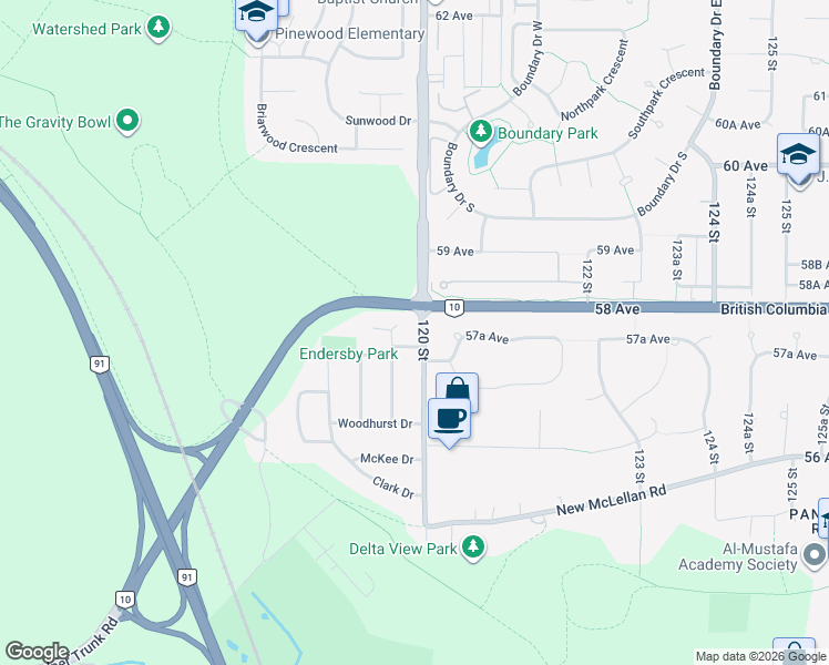 map of restaurants, bars, coffee shops, grocery stores, and more near 5755 120 Street in Delta