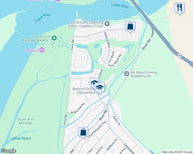 map of restaurants, bars, coffee shops, grocery stores, and more near 5685 Admiral Boulevard in Delta