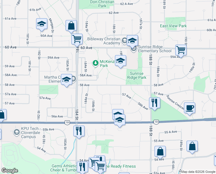 map of restaurants, bars, coffee shops, grocery stores, and more near 18568 58 Avenue in Surrey
