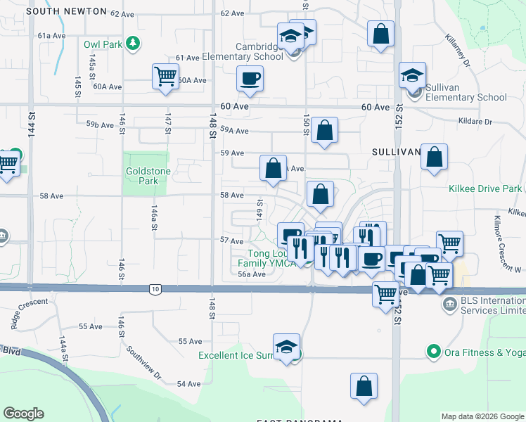 map of restaurants, bars, coffee shops, grocery stores, and more near 5776 149 Street in Surrey