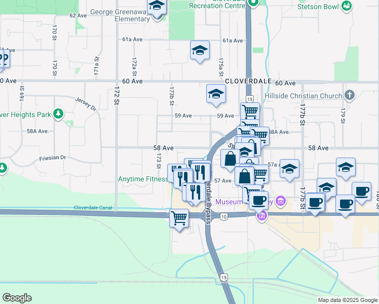 map of restaurants, bars, coffee shops, grocery stores, and more near 17432 58 Avenue in Surrey