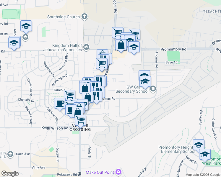 map of restaurants, bars, coffee shops, grocery stores, and more near 45757 Timothy Avenue in Chilliwack