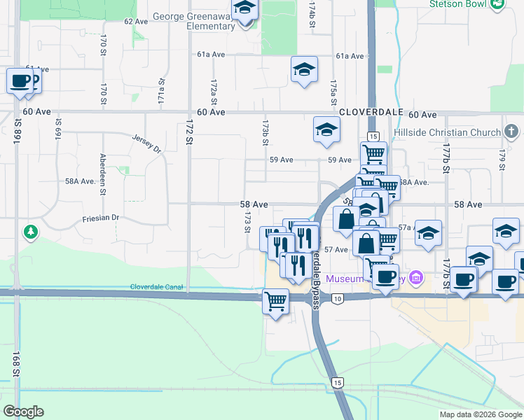 map of restaurants, bars, coffee shops, grocery stores, and more near 17358 58 Avenue in Surrey