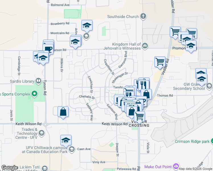 map of restaurants, bars, coffee shops, grocery stores, and more near 5782 Garrison Boulevard in Chilliwack