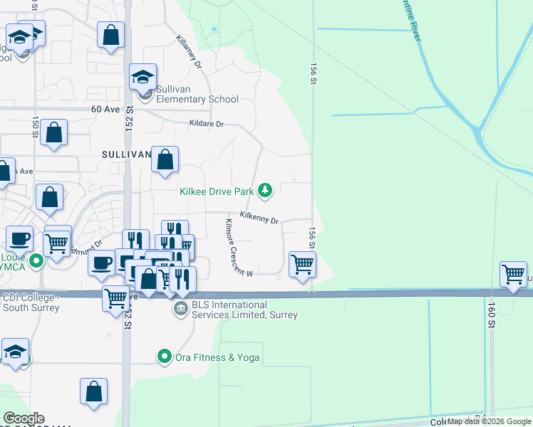 map of restaurants, bars, coffee shops, grocery stores, and more near 15489 Kilkenny Drive in Surrey