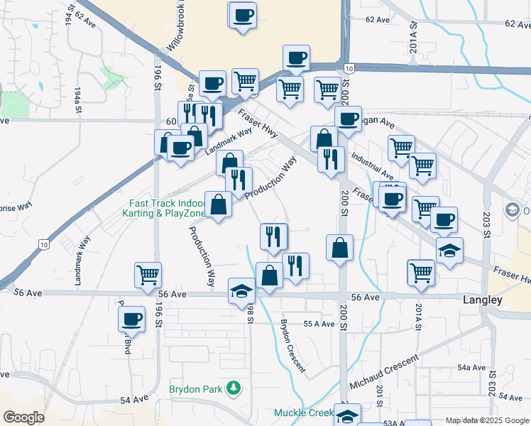 map of restaurants, bars, coffee shops, grocery stores, and more near 214 57A Avenue in Langley City