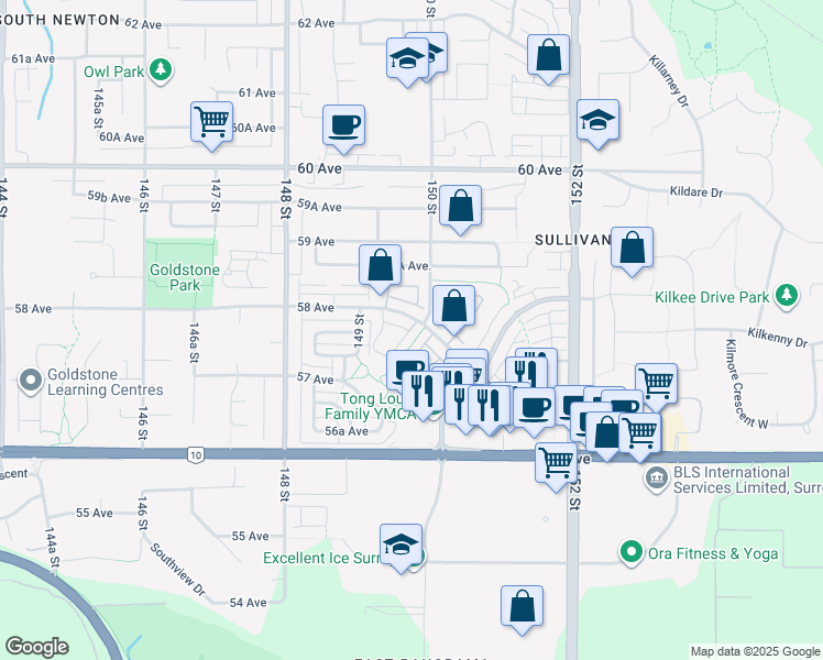 map of restaurants, bars, coffee shops, grocery stores, and more near 14952 58 Avenue in Surrey