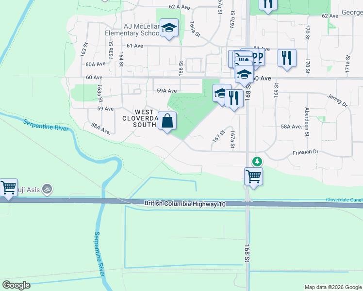 map of restaurants, bars, coffee shops, grocery stores, and more near 16615 57 Avenue in Surrey