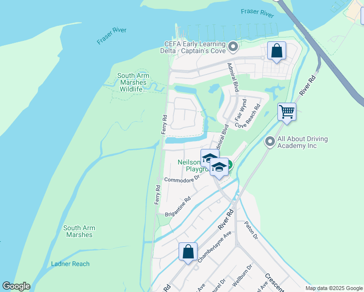 map of restaurants, bars, coffee shops, grocery stores, and more near 5289 Windjammer Road in Delta