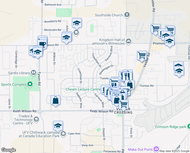 map of restaurants, bars, coffee shops, grocery stores, and more near 5782 Garrison Boulevard in Chilliwack