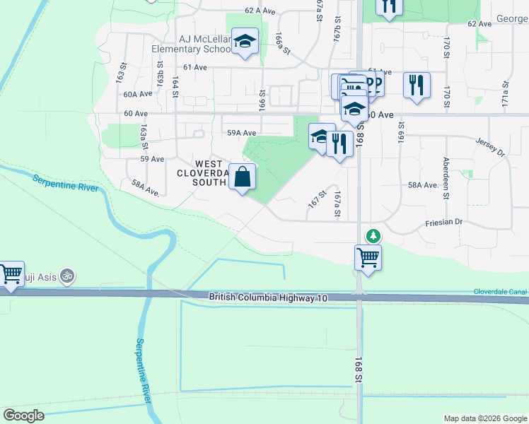 map of restaurants, bars, coffee shops, grocery stores, and more near 16602 Bell Road in Surrey