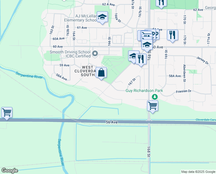 map of restaurants, bars, coffee shops, grocery stores, and more near Old McLellan Road in Surrey